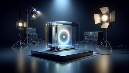 Futuristic Product Showcase: Illuminated Phone in a Studio Setting