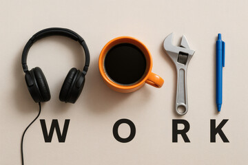 Minimalist Composition of Work Tools and a Coffee Cup