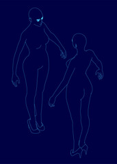 Fototapeta premium Two female silhouettes stand against a vibrant blue background, their contours sharply defined. The minimalist composition highlights their elegant profiles.