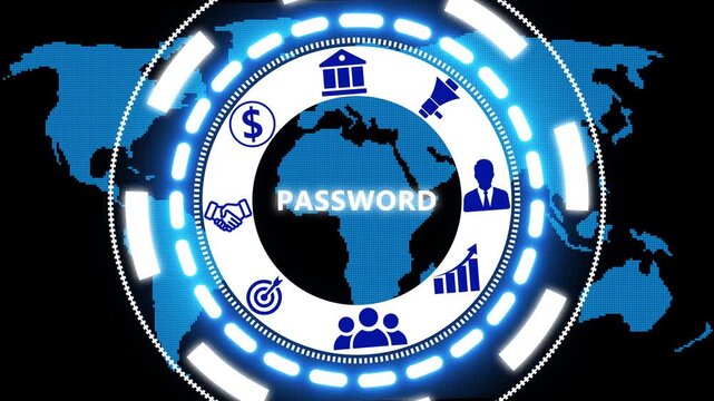 Business Password button on a clear projection screen a futuristic holographic advanced HUD circle platform. Business, Technology network with 4k video.