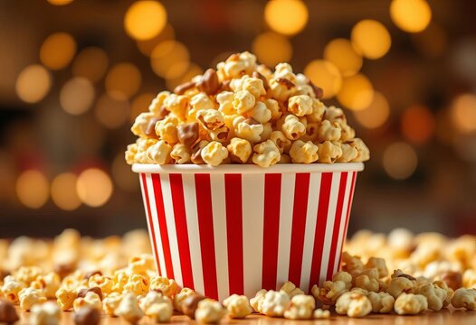 Mountains of caramel chocolate popcorn overflowing a classic red and white striped cup, bokeh lights,  cozy,  crunchy - Powered by Adobe