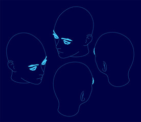 Female head silhouettes form a triangular composition on a blue background. The central silhouette is tallest with two smaller profiles flanking it.