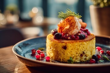 An elegant dish of saffron rice cake topped with shrimp, berries and dill, presented on a modern blue plate, illuminated by soft, natural light, creates a sophisticated dining ambiance.