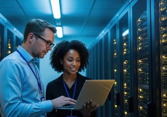 It professionals collaborating on a laptop amidst glowing server racks in a modern data center environment