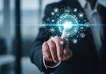 Businessman interacts with a futuristic holographic interface displaying interconnected digital icons and glowing light