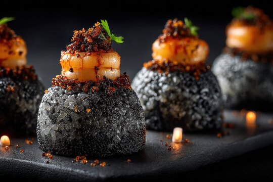 An innovative presentation of gourmet sushi: Black rice balls topped with shrimp and sprinkled with spices create a visually appealing dish, highlighted by ambient candlelight.