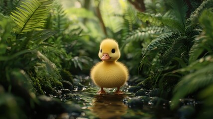 Duckling plush waddling in a forest stream, vibrant greenery, 3D illustration