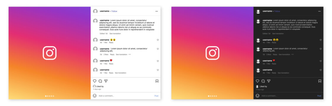 Instagram web post template mockup with light mode and dark mode UI, social media interface layout for content sharing, comment section, like and share buttons, and notification icons