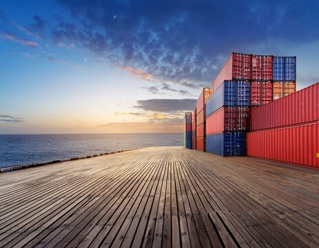 shipping containers are stacked on a wooden deck near the sea import export and logistics concept