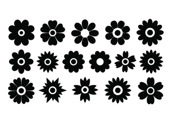 Versatile Black and White Flower Collection for Creative Design Projects, A Diverse Assortment of Simple Flower Icons for Various Decorative Purposes