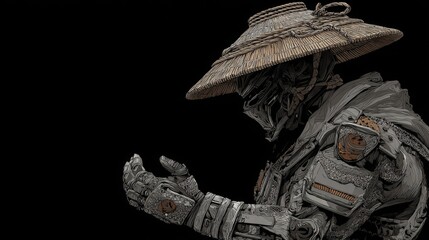 Fototapeta premium Cybernetic samurai warrior with straw hat in profile pose on black background.