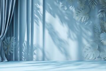 Light blue background with shadows of tropical leaves and curtains on a plaster wall for product presentation
