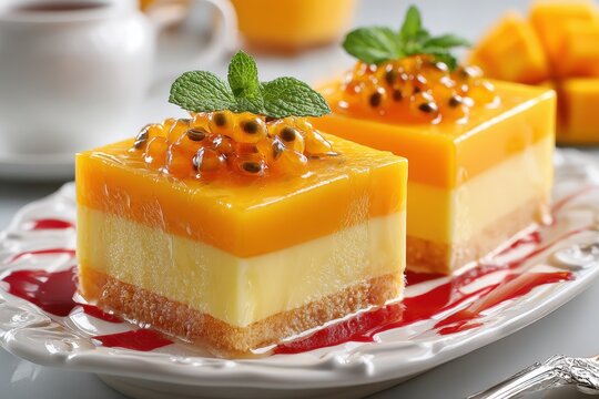 Exquisite layered mango and passion fruit cheesecakes elegantly garnished.