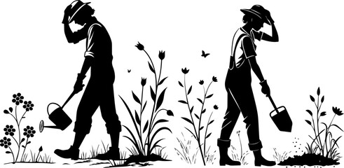Gardeners Watering and Digging in Flower Garden Silhouette Illustration
