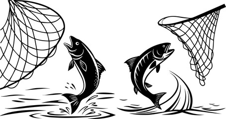 Leaping Fish and Fishing Net Black and White Illustration