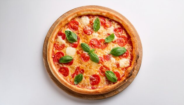 top view of a delicious italian pizza on white background