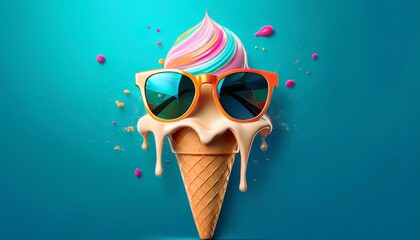cool summer idea ice cream melting with sunglasses on a blue background perfect for beach fun and vacation vibes