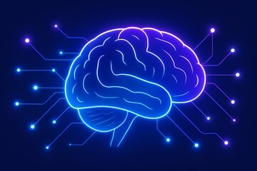 A glowing brain illustration with connections on a dark blue background representing technology concept