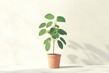 Small green plant in terracotta pot isolated on white background