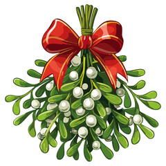 Mistletoe branches tied with red bow vector color illustration. Bunch of Christmas traditional plant on isolated background for cards and design