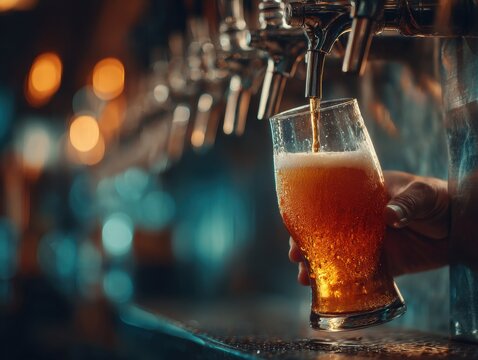 Glass of light beer in client's hand at bar counter. Concept of craft beer tasting, bar advertising, brewing industry, nightlife promotion, and beverage marketing.