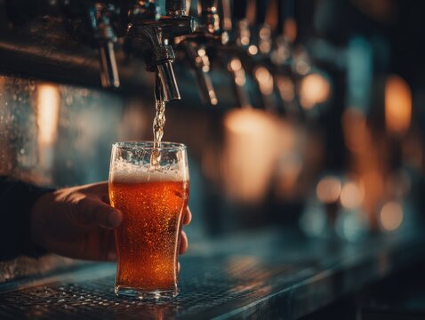 Glass of light beer in client's hand at bar counter. Concept of craft beer tasting, bar advertising, brewing industry, nightlife promotion, and beverage marketing.