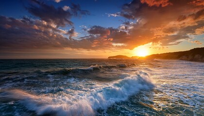 Obraz premium a vibrant sunset over turbulent waves with dramatic clouds and warm colors creating a captivating seascape scene