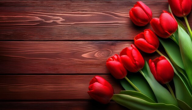 red tulips on a wooden valentine day background