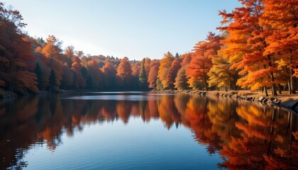 Obraz premium Peaceful Lake Surrounded by Red and Orange Maple Trees with Vibrant Autumn Foliage Reflected on the Water — Tranquil Nature Landscape Capturing Fall Beauty