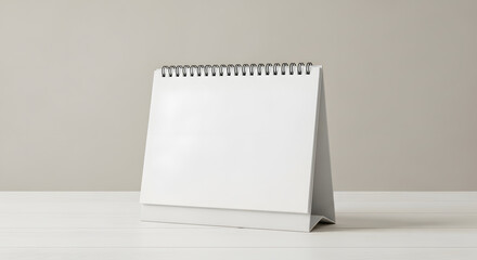 A blank, white, spiral-bound desk calendar stands on a white surface against a neutral background.