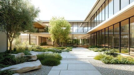 Eco-friendly building design featuring green architecture, sustainable materials, and energy-efficient solutions like passive solar heating, geothermal systems, and water-efficient fixtures.
