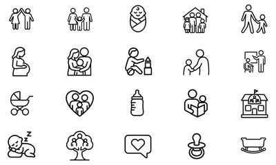 Fototapeta premium Family Parenting and Childhood Line Icons Set