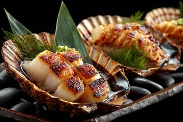 Delicious grilled scallops served on scallop shells, garnished with fresh greens, presented against a dark backdrop, showcasing gourmet seafood cuisine.