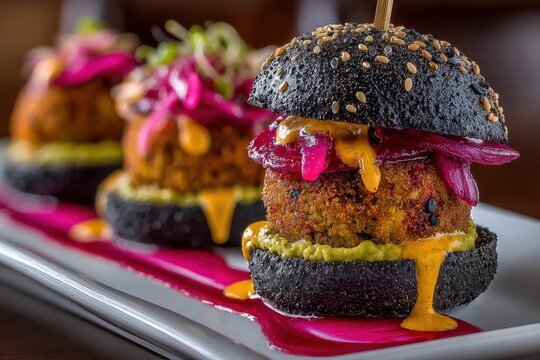 Close up shot of three black bun sliders with colorful toppings, served on a white plate and garnished with purple sauce and green herbs. A delicious culinary creation.