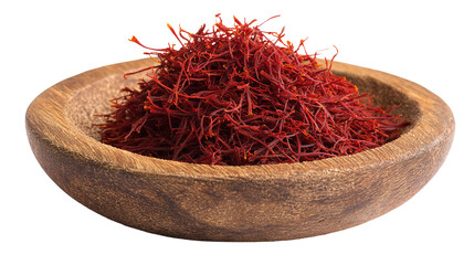 Naklejka premium Aromatic Saffron Strands in Wooden Dish – Luxurious Culinary Ingredient