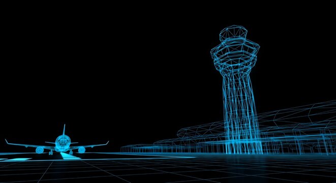 Futuristic Airport Control Tower with Digital Wireframe Style at Night