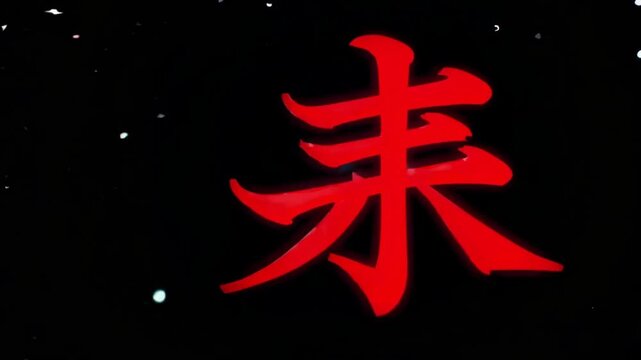 A single Asian symbol in vibrant red color, signifying an element against a black backdrop