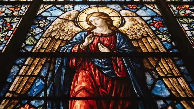 Stained glass window depicting an angel with a serene expression, adorned in flowing robes, surrounded by vibrant floral patterns, illuminating a historic church interior - Powered by Adobe