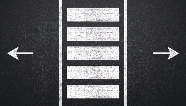 Chalk style pedestrian crosswalk with arrows on dark asphalt background, flat design for safety, traffic, or urban planning use.