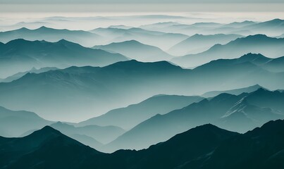 Misty mountain ranges faded shades of teal