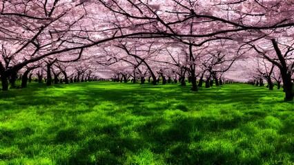 Fototapeta premium Blossoming cherry trees and lush green grass in a sun-drenched spring landscape