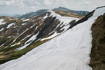 Snow-capped mountain peak in Svydovets range, western Ukraine