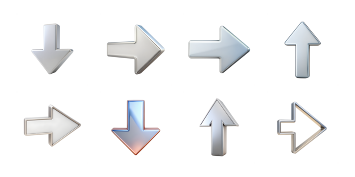 Group of metallic arrow cursors and pointers indicating various directions isolated on transparent background