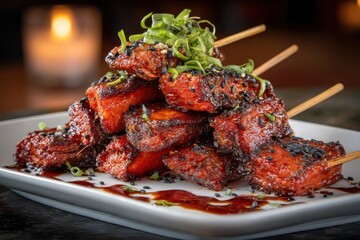 Delicious glazed skewers adorned with sesame seeds and fresh green onions.