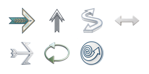 Set of eight diverse 3d arrows including circular and spiral designs, isolated on transparent background