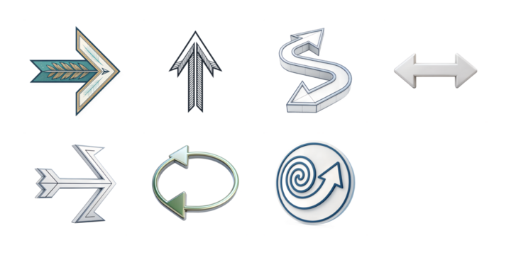 Set of eight diverse 3d arrows including circular and spiral designs, isolated on transparent background