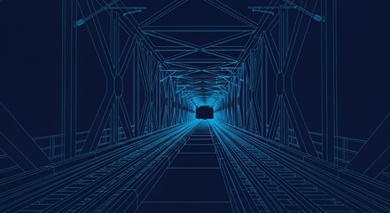 Futuristic Digital Tunnel with Blue Wireframe Lines in Deep Perspective