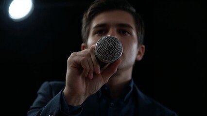 Intense portrait of a confident young man with a microphone ready to speak, under the bright stage