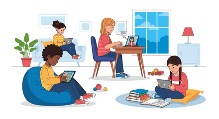 Fototapeta premium Children learning online using tablets, virtual class in home setting, colorful digital illustration