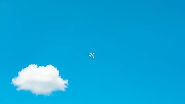 Airplane in a single cumulus cloud against a vibrant blue sky